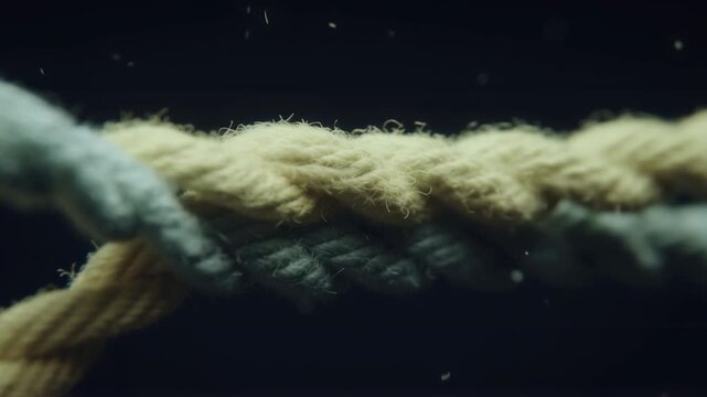 Colorful twisted rope strands unraveling against black background. Fiber art, textile concept. Close-up view of fraying cord symbolizing separation, diversity, or individuality.