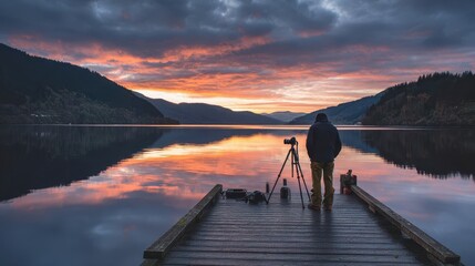Photographer on a pier at sunrise over a serene lake.