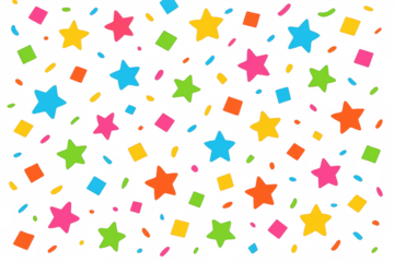 Festive background with falling colorful confetti and stars on a transparent background, perfect for celebrations and joyful events