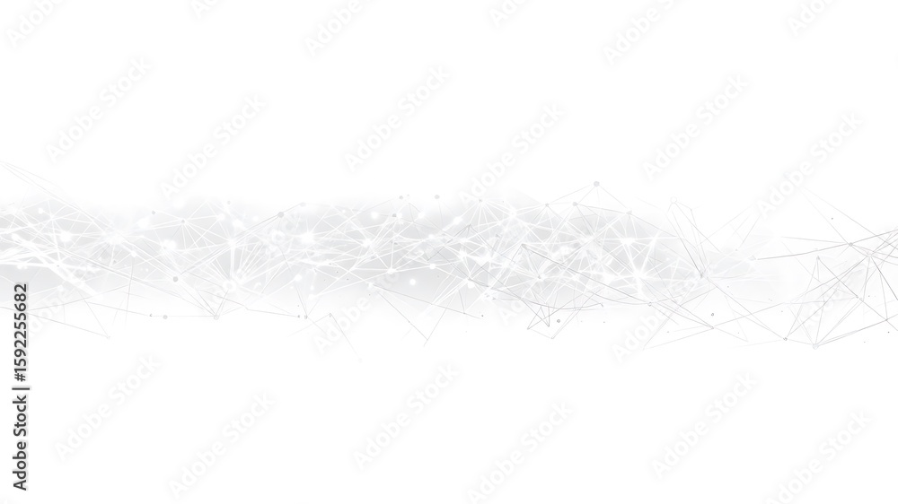 Poster photo of an abstract network of glowing white lines and nodes forms a complex web against a bright w