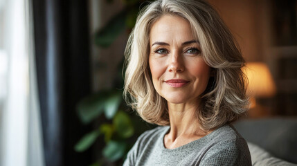 Obraz premium A woman with gray hair smiling at the camera.