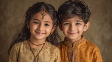 Obraz premium Raksha Bandhan, Indian Brother and sister children smile warmly at the camera during Rakhi festival, traditional clothes, and soft golden lighting. exuding joy and cultural pride.