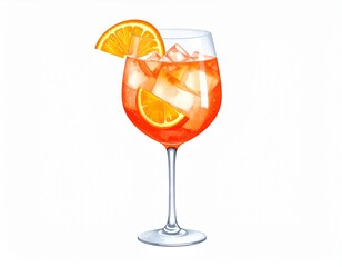 Watercolor aperol spritz drink in glass on white background
