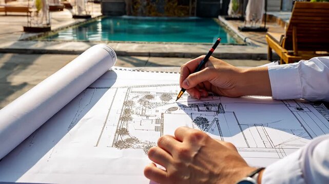 Architect Drawing Poolside Landscape Design Plan