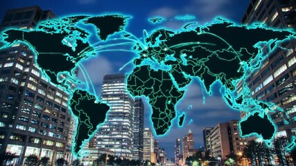 A glowing world map overlayed onto modern city skyscrapers at night for global connectivity - Powered by Adobe
