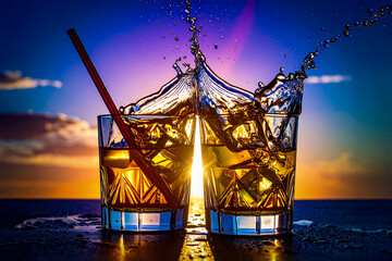 fresh cocktail by the sea at sunset