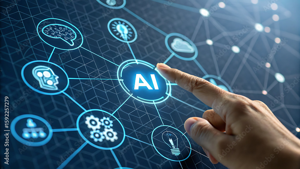 Poster a finger touches an ai icon on a digital interface, representing artificial intelligence technology 