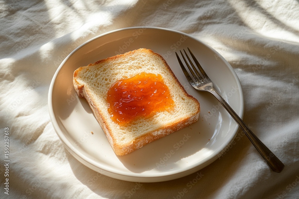 Poster simple breakfast consisting of toasted bread with apricot jam on a plate with a fork, illuminated by