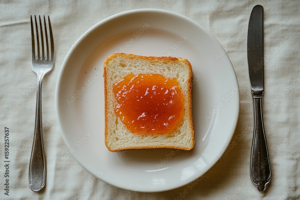 Poster simple breakfast setting featuring a slice of bread with apricot jam, ready to be enjoyed