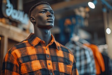 Fototapeta premium Black male mannequin presenting an orange and black checkered flannel shirt in a retail store