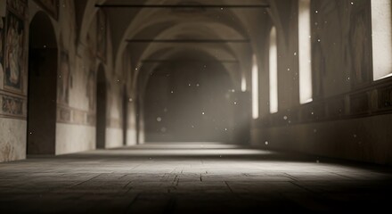 Fototapeta premium Mysterious medieval corridor with arched ceilings and ethereal light creating a captivating