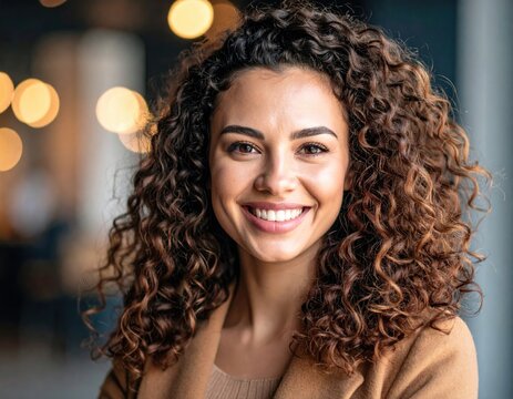 Close-up portrait of a smiling woman with curly hair