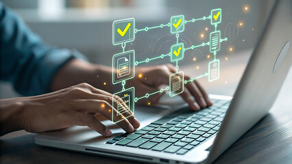 Hands typing on a laptop with a digital workflow overlay, illustrating automation and process management in a modern business setting