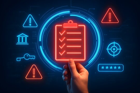 Digital security checklist and risk assessment with cyber icons