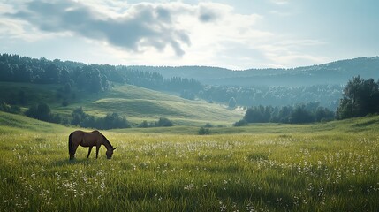 Donkey grazing in peaceful countryside during golden hour high resolution picture