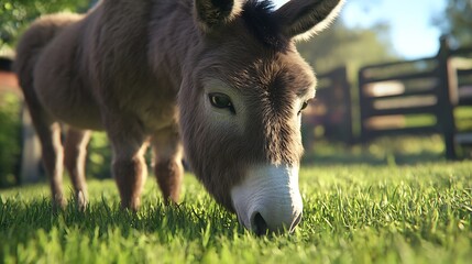Donkey grazing peacefully on lush green grassland high resolution picture