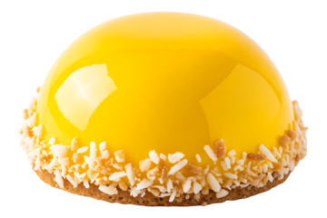 Delicious yellow dome dessert with coconut flakes gourmet pastry product photo on transparent background