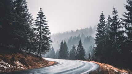 Winding road through a misty mountain forest.