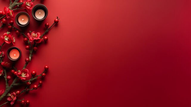 Red decor, candles and flowers on a red background. Flat lay with copy space for design. Lunar new year or spring festival theme flat lay.
