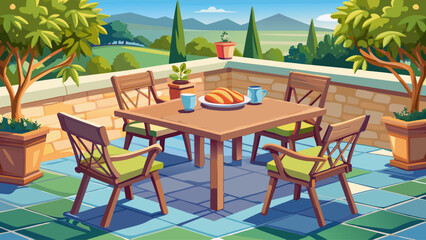 Fototapeta premium Outdoor dining table with four chairs on tiled patio, ready for family meal