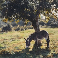 Donkey grazing under tree in peaceful golden field high resolution picture