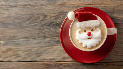 A cup of christmas latte art with a santa claus face on wooden table. Festive winter drink. Holiday season beverage.