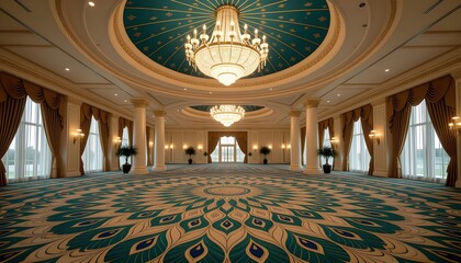Grand entry stage with domed ceiling, peacock feather chandeliers, and lotus petal carpet