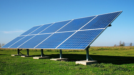 A solar panel array installed in a grassy field under a clear blue sky.