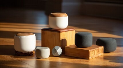 Various containers and decorative objects on a wooden surface.