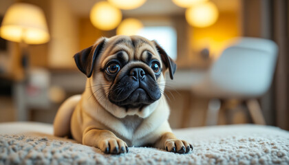 A cute pug gazes playfully from a modern interior sofa under cozy lighting.