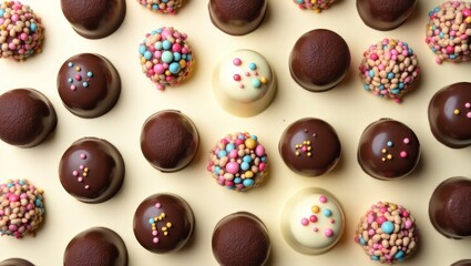 Fototapeta premium Assorted Gourmet Chocolate Truffles – Round Cocoa Candies with Artistic Toppings