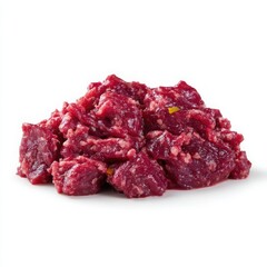 Obraz premium Fresh Ground Beef Pile Isolated on White Background, Raw Minced Meat for Cooking, Ingredient for Burgers, Meatballs, Bolognese Sauce, Healthy Eating