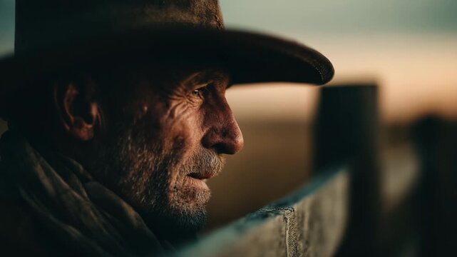 Rugged man in a cowboy hat, looking contemplatively at a distant landscape.
