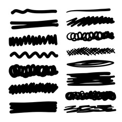 Set of lines, hand drawn dividers, doodle underlines, different thickness brush stripes. 