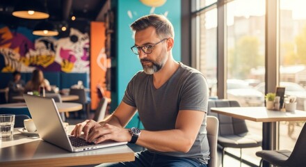 Fototapeta premium A man wearing glasses and a gray shirt, sitting at a table in a brightly lit cafe with a laptop on his lap.