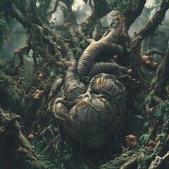 heart photo surrealistic scene of lush forest full of whimsical trees and a human heart in the middle, plants growing out