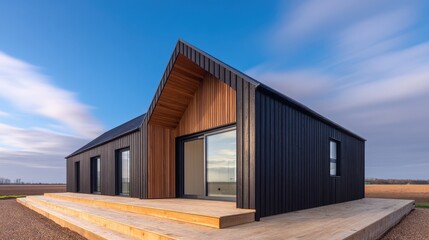 Fototapeta premium Modern black and wood house with expansive deck under a blue sky, surrounded by open fields