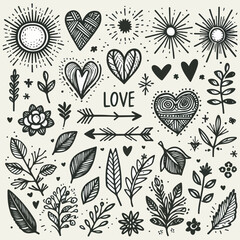 Hand drawn arrow heart love star leaf sun light flower and other element