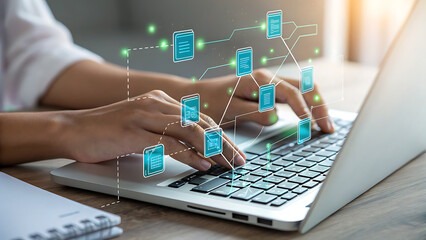 A woman is typing on a laptop, surrounded by digital document icons representing data management and cloud computing