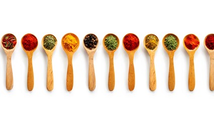 Aromatic Spices and Herbs in Wooden Spoons on White Background