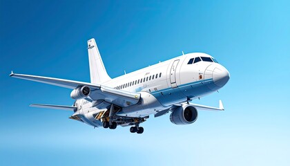 Obraz premium White jet airplane in flight against a clear blue sky