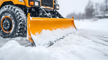 Winter road maintenance with snowplow equipment clears the path, ensuring safe travel. The blade pushes snow, creating clearer roads.