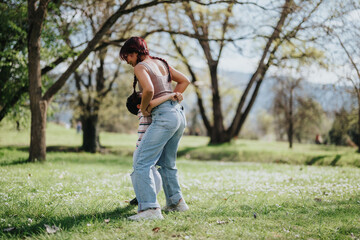 A mother and her child share a joyful moment in a sunlit park, surrounded by greenery and trees,...