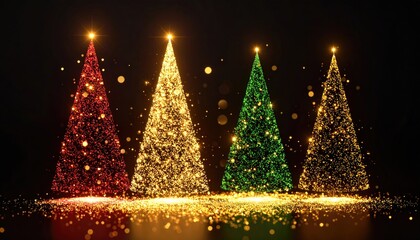 Sparkling Christmas trees in gold, red, and green