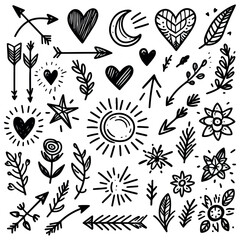 Hand drawn arrow heart love star leaf sun light flower and other element vector with white baground