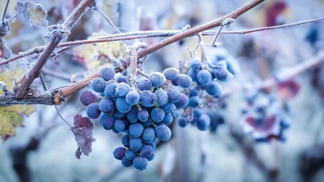 Frost-covered grapes hanging from vine branches in a serene winter landscape with soft light