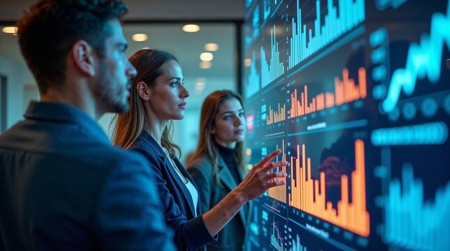 Group of professionals reviewing colorful stock charts and financial graphs on a large digital display, illustrating teamwork and market analysis