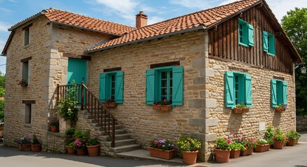 Quaint stone house with teal accents