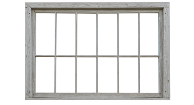 Rustic window frame with a weathered finish provides a vintage architectural element for designs, transparent background