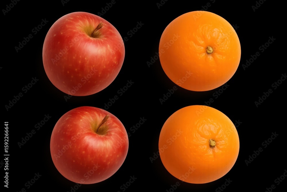 Aufkleber two apples and two oranges, each with a distinctive color and texture, set against a stark black bac